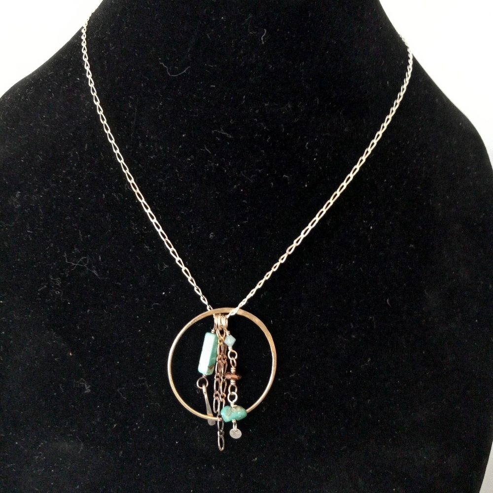 MjI turquoise beaded ring silver chain long necklace